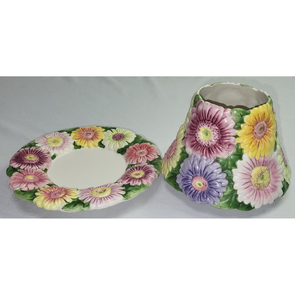 Yankee Candle Gerbera Daisy Jar Shade and Plate Set Floral Flowers Embossed 3D - Picture 8 of 13